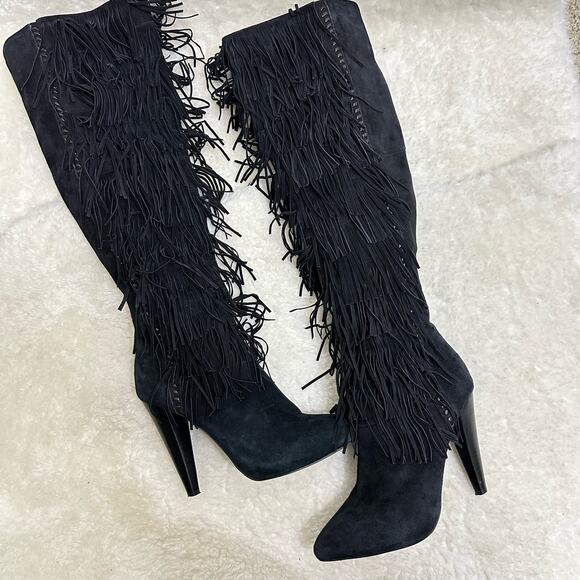 Steve Madden Maraka Over Knee Stiletto Heel Suede Fringe Boots Size 7 Black - Picture 3 of 16